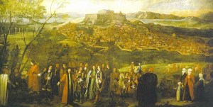 Jacques Carrey: «Ο Γάλλος πρεσβευτής του Λουδοβίκου 14ου στην Κωνσταντινούπολη, Charles Marie-Francois Olier, marquis de Nointel και η ακολουθία του με φόντο την Αθήνα και την Ακρόπολη».  Ελαιογραφία, 260 x 520 (1674).