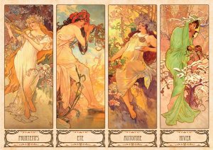 "Οι Εποχές". Σειρά 4 έγχρωμων λιθογραφιών του Alphonse Mucha, 103 x 54 εκ. έκαστη (1896)